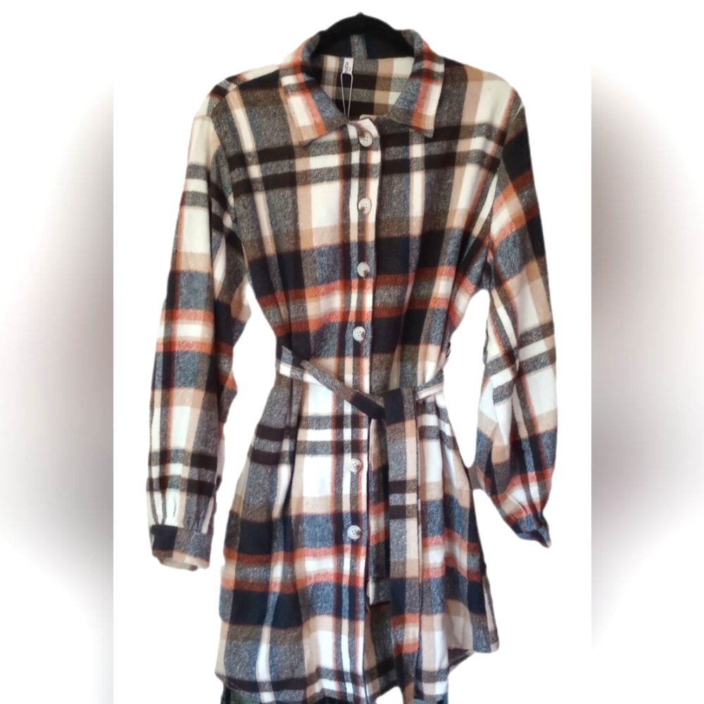 Hot Touch Flannel Plaid Button Down Shirt Dress With Belt Brown NWT Womens Large